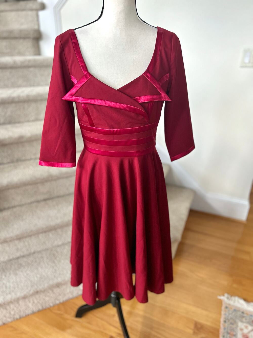 Glamour Bunny 50s Red Fit Flare Satin Trim Asymmetric Neck Tea Length Dress